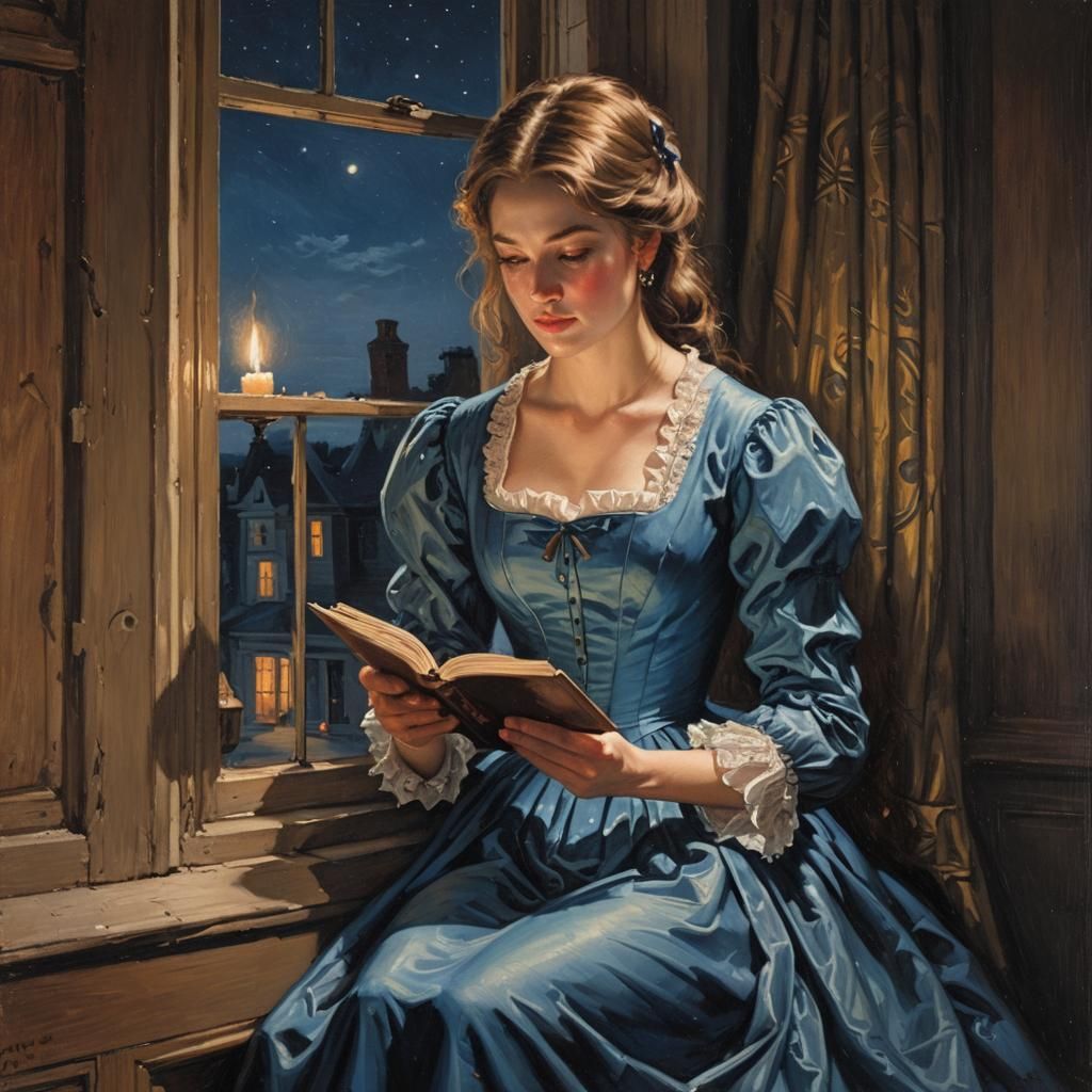 Victorian Girl Reading by Candlelight as Oil Painting