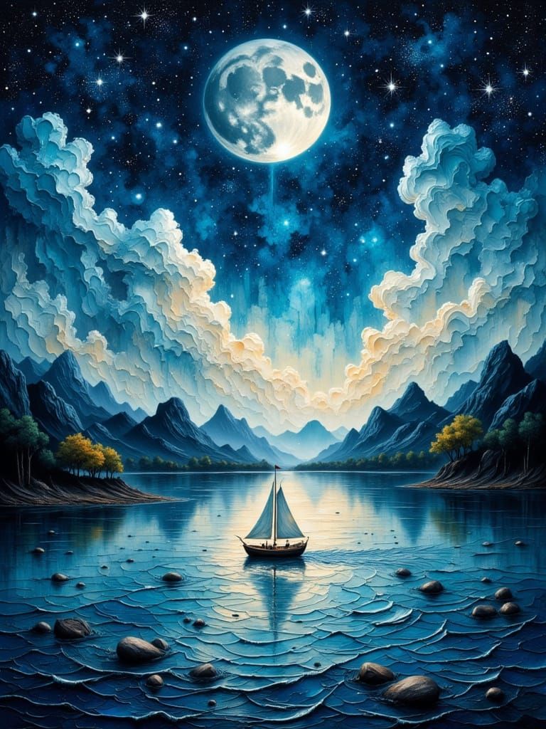 Sailboat on Moonlit River in Pointillist Style