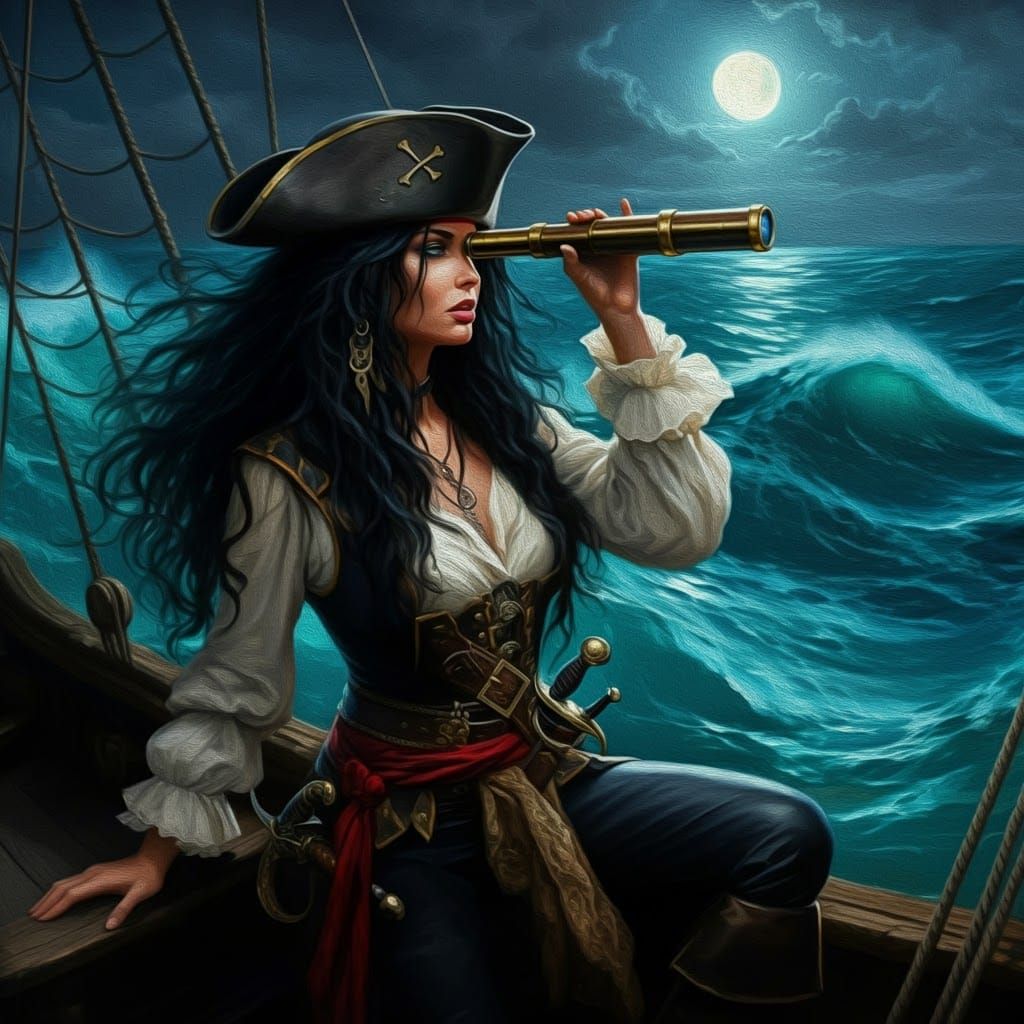 Pirate Woman Spotting Treasure, as Impasto Oil Painting
