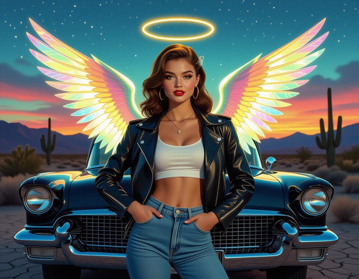 Angel Greaser Leaning on Cadillac, Hyper-Realistic