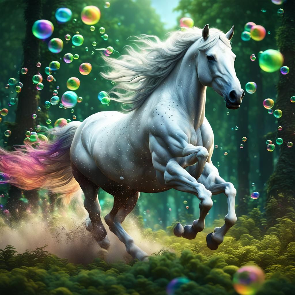 White Horse Galloping Through Forest in Fantasy Art