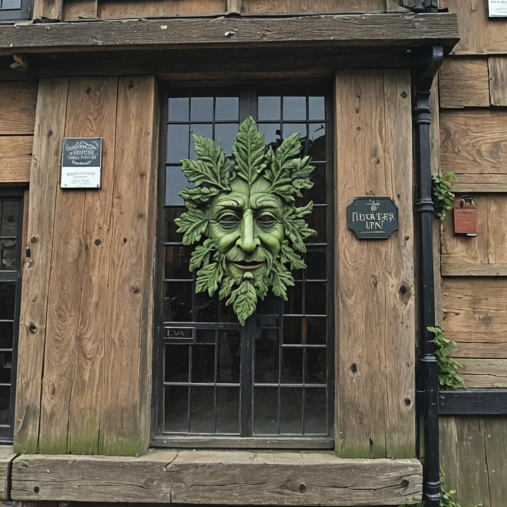 Quaint Timber-Framed Inn with Green Man Sign