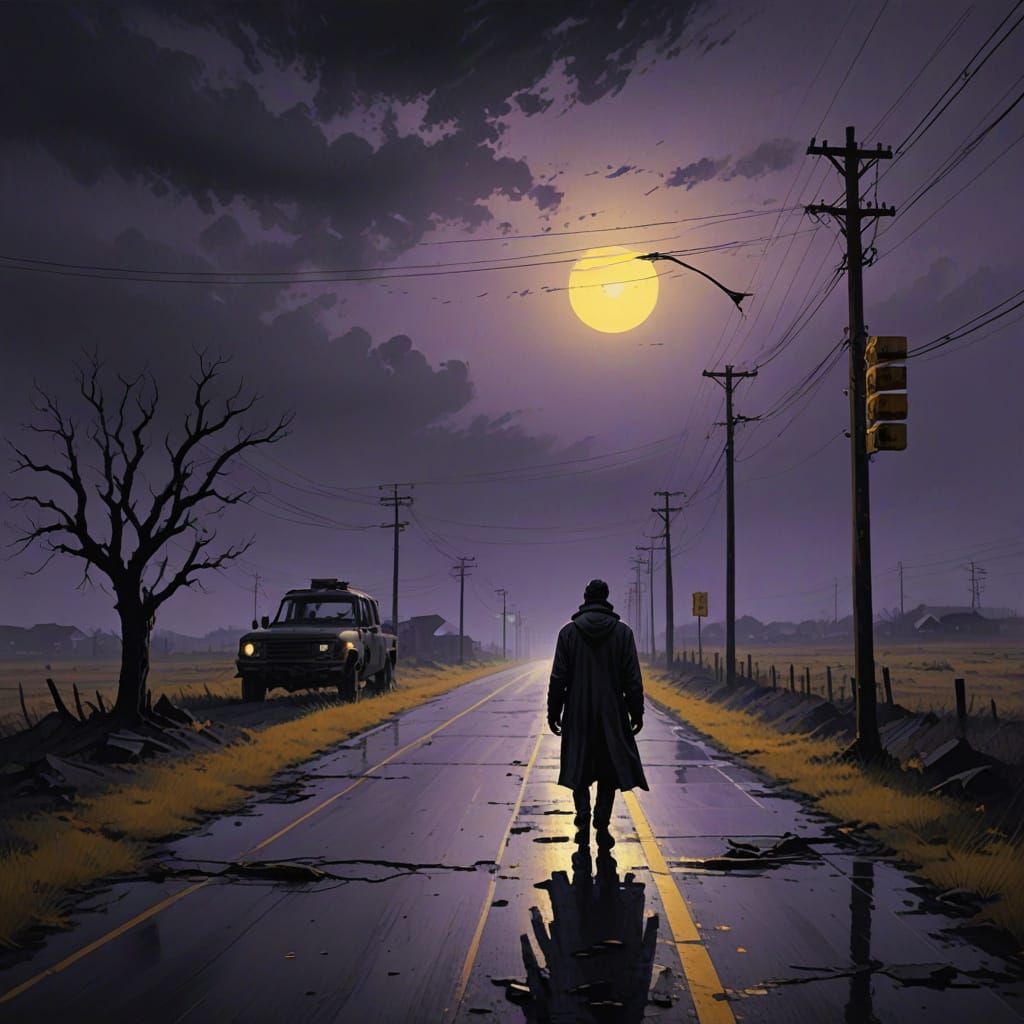 Haunting Dusk Scene of a Lone Figure on a Desolate Road