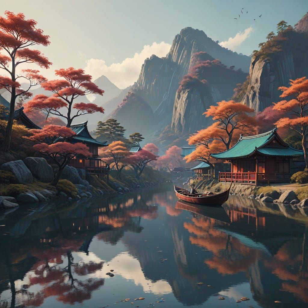 Traditional Asian Landscape at Golden Hour