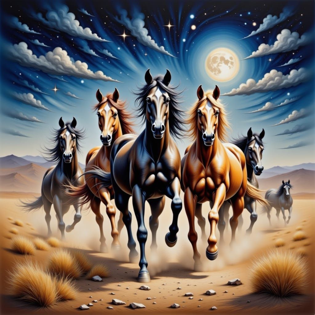 Dynamic Airbrushed Horses Running Under Moonlit Sky