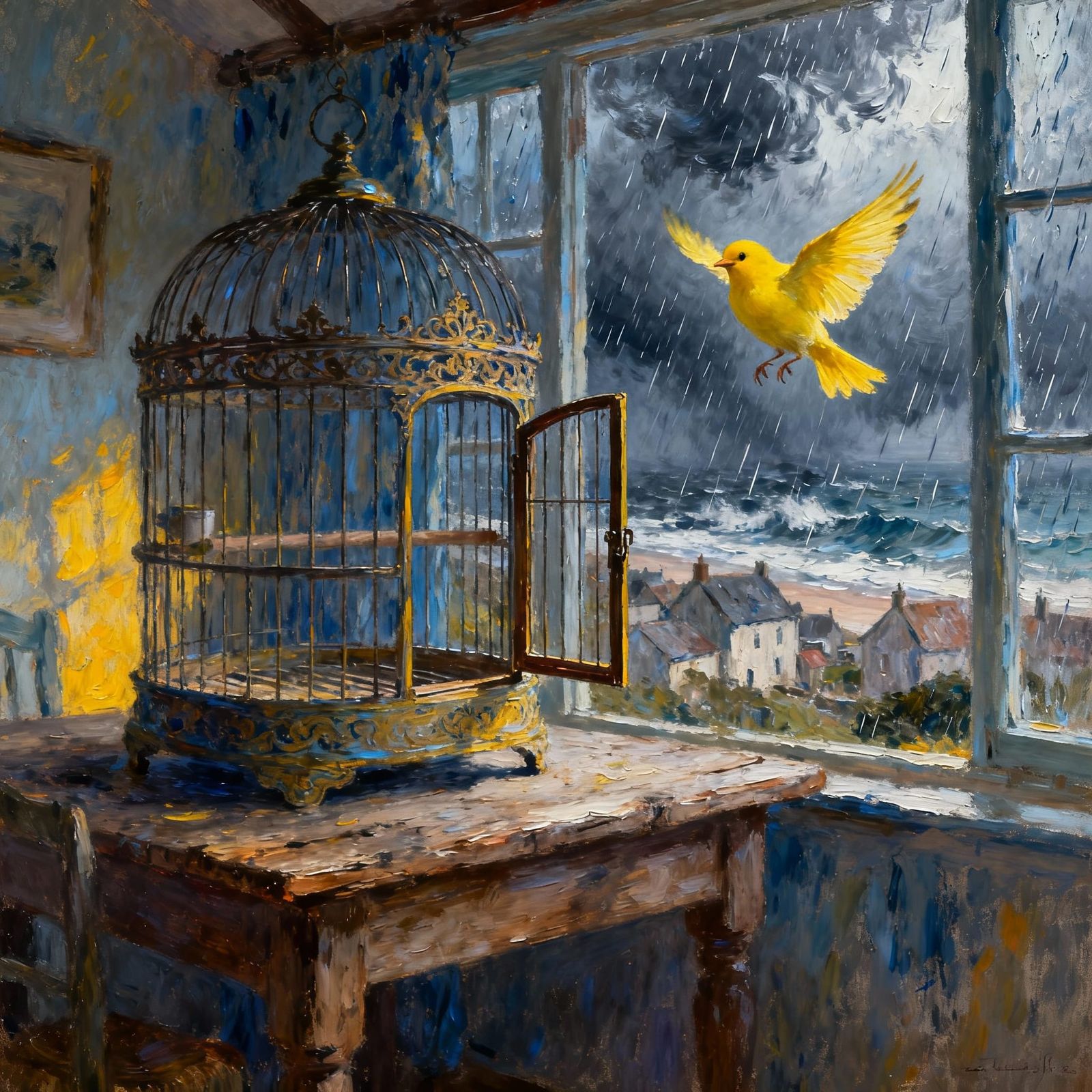 Impressionist Painting of Escaped Canary in Stormy Cottage
