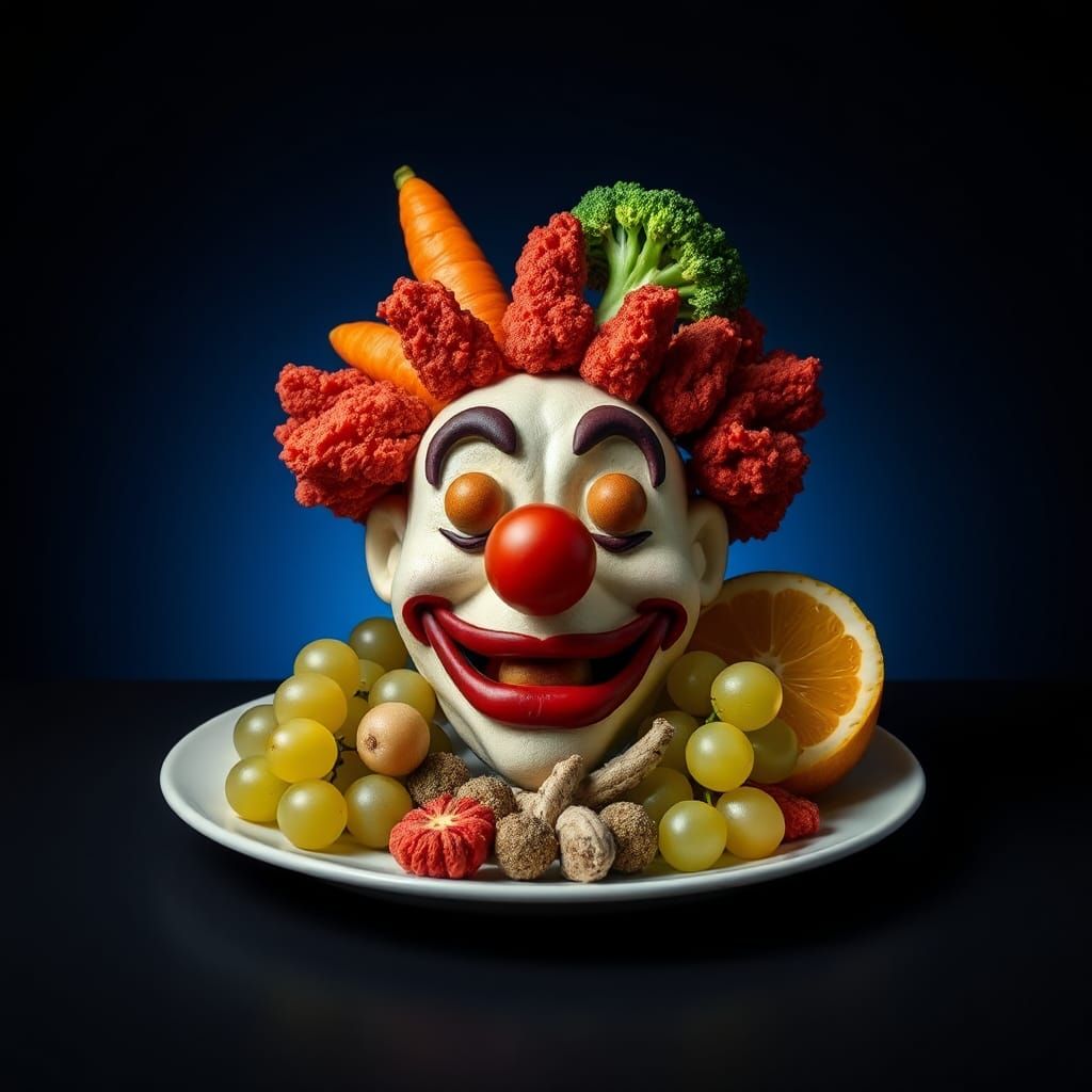 Whimsical Food Clown with Dramatic Lighting