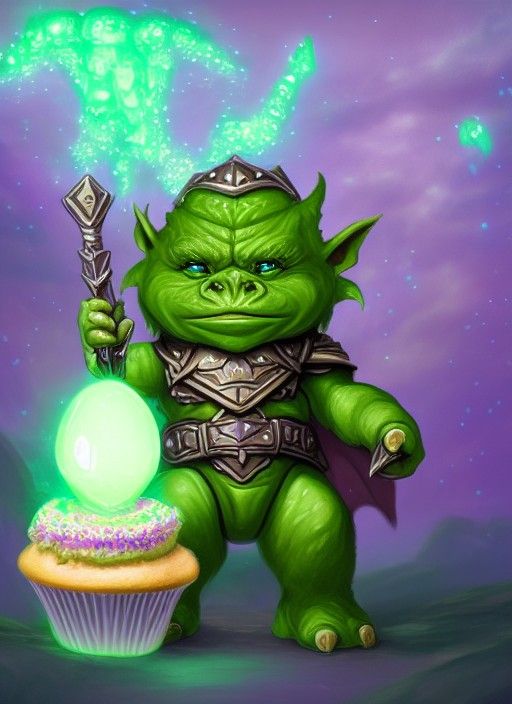 Adorable Chibi Orc Paladin with Luminous Cupcake