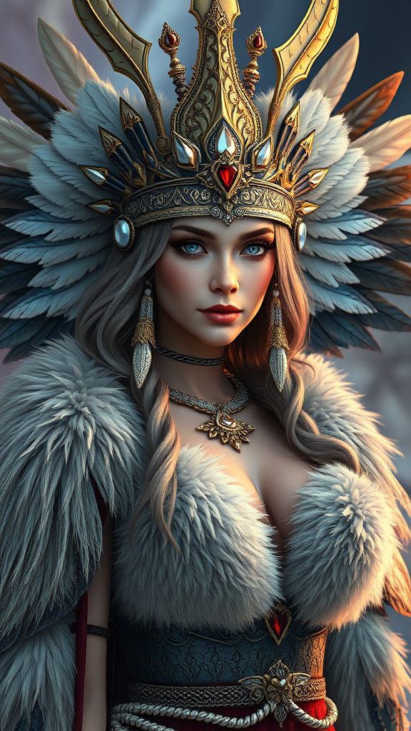 Mystic Valkyrie in Feathered Headdress: Digital Art
