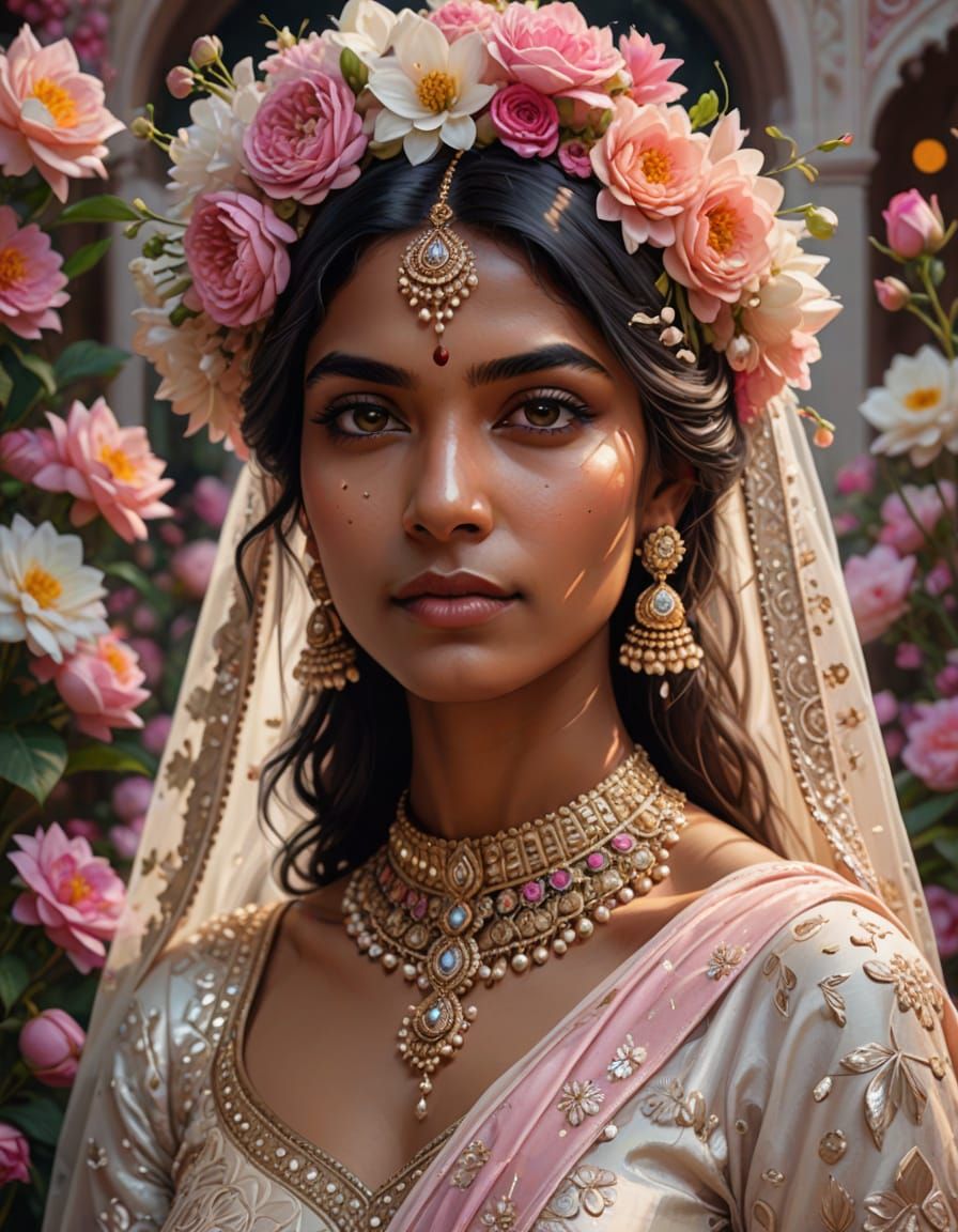 Romantic Bride in Floral Splendor, Artistic Portrait in Soft...