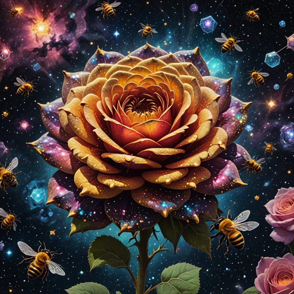 Cosmic Honey Bees Explore Vibrant Galaxy Rose