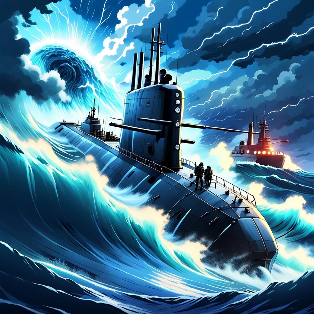 Anime Submarine Sails Stormy Seas with Guns