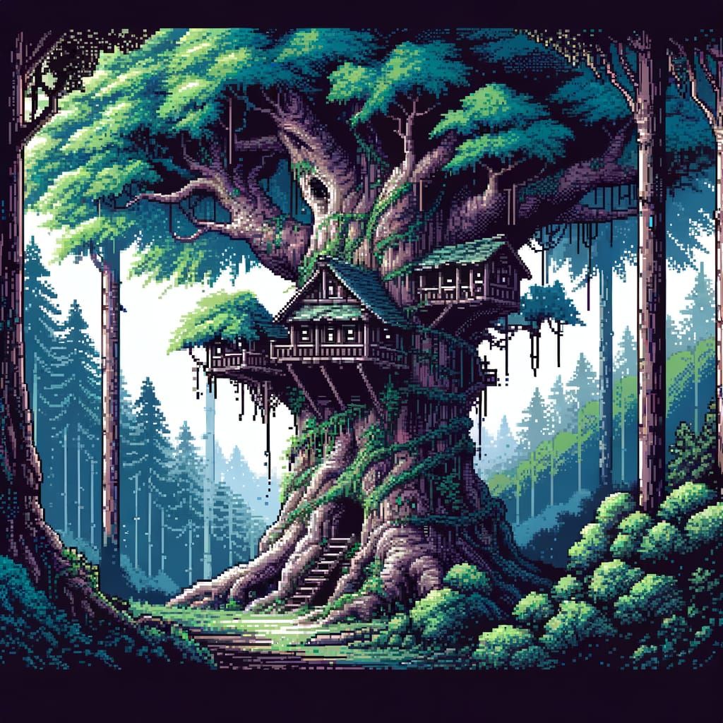 Grand 8-Bit Treehouse in Lush Forest