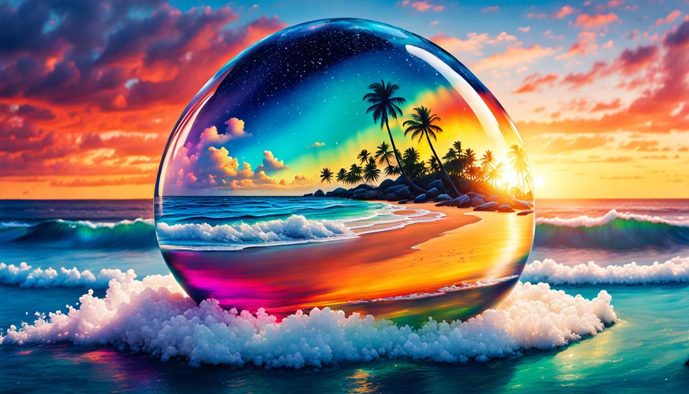 Beach in Snowglobe: Vibrant Digital Illustration