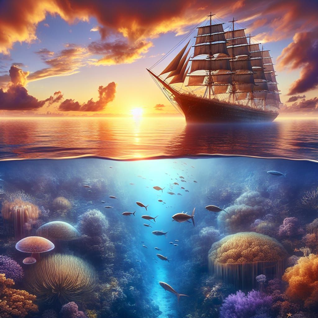 Enchanting Underwater Paradise with Majestic Golden Ship