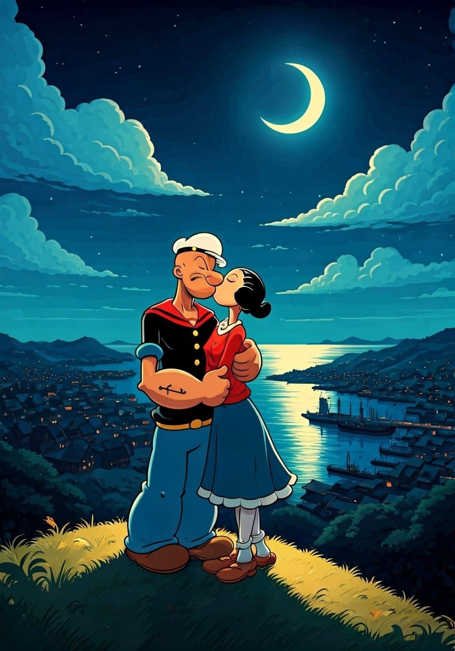 Popeye and Olive Kiss Under the Stars