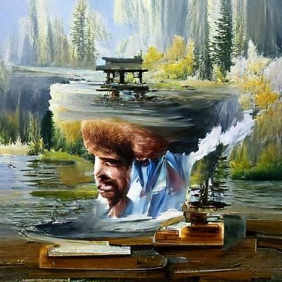 Bob Ross Oil Painting in James Gurney Style
