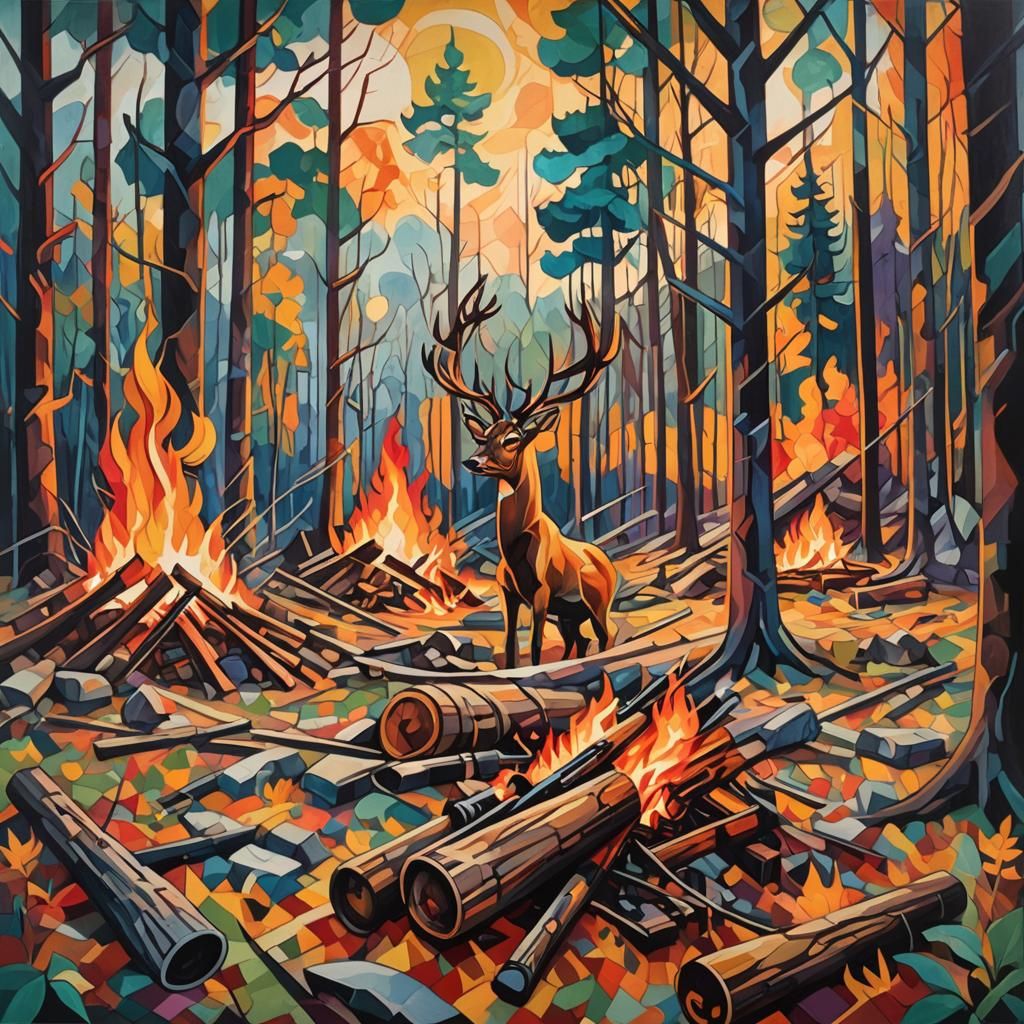 Cubist Campfire Scene in Fauvist Art Deco Style