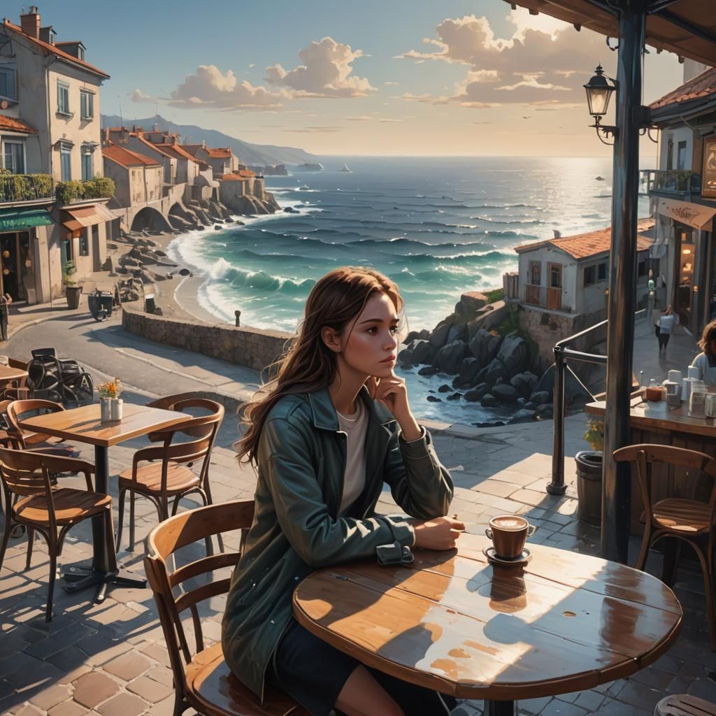 Girl Contemplates Sea at Cafe: Hyperrealistic Splash Art