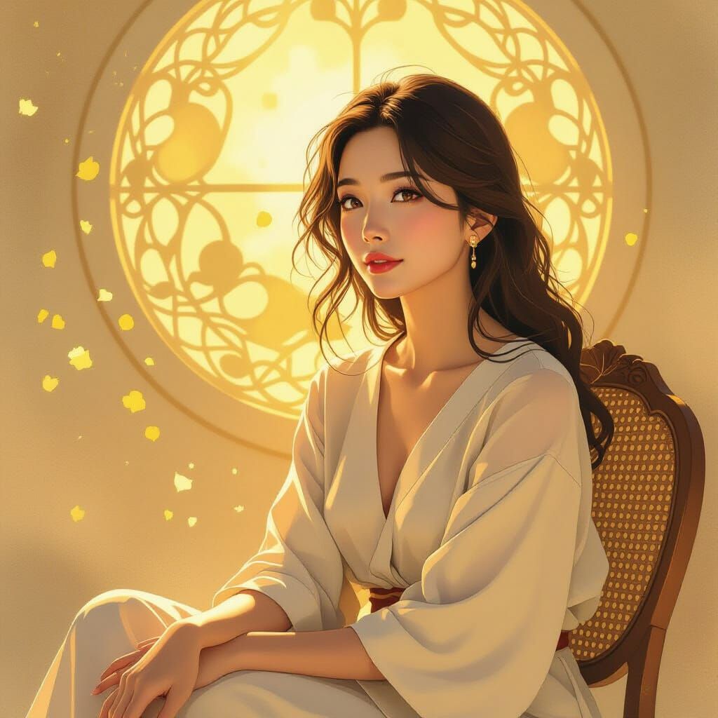 Serene Woman in Golden Light: A Dreamy Watercolor Portrait