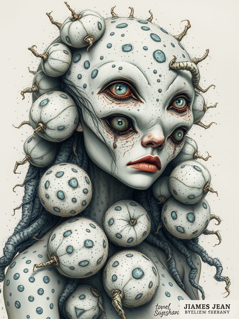 Surrealistic Rotting Fruit Creature in Maximalist Watercolor...