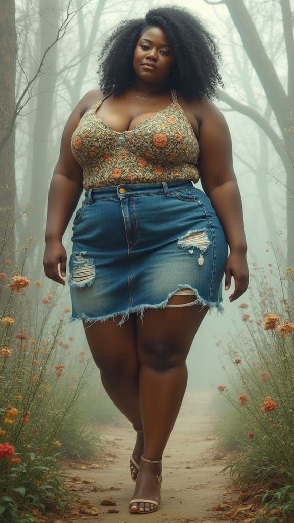 Full-Figured Woman Amidst Whimsical Misty Landscape