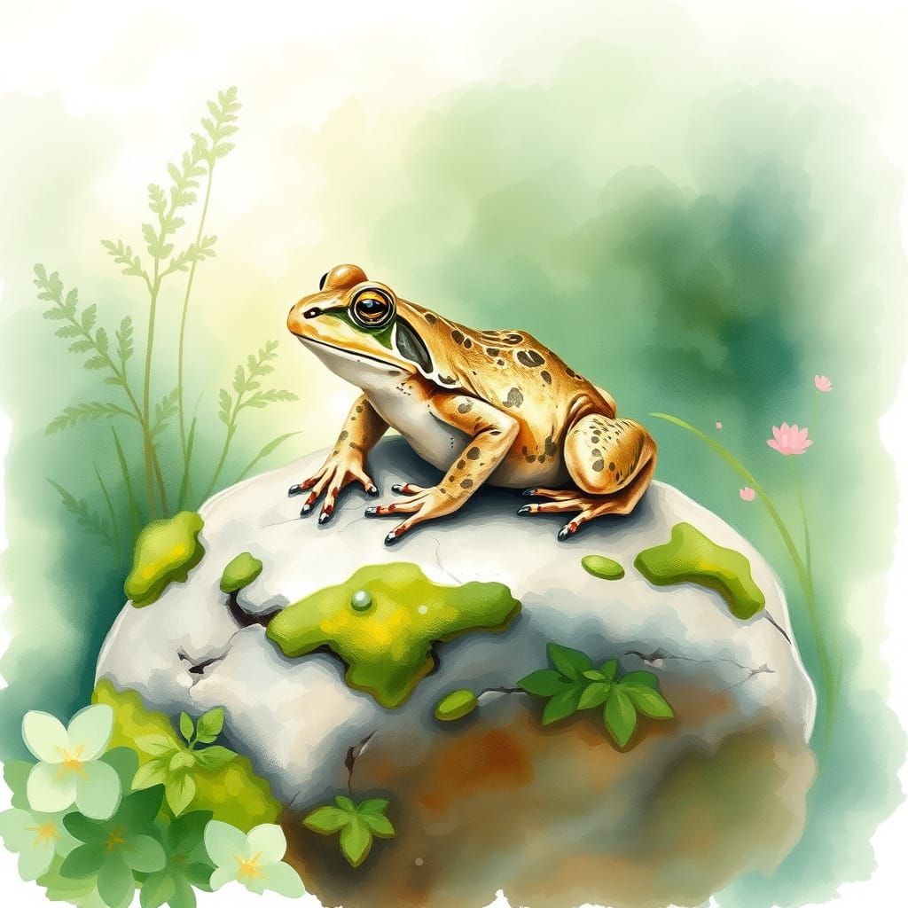 Toad on Mossy Rock in Watercolor Style