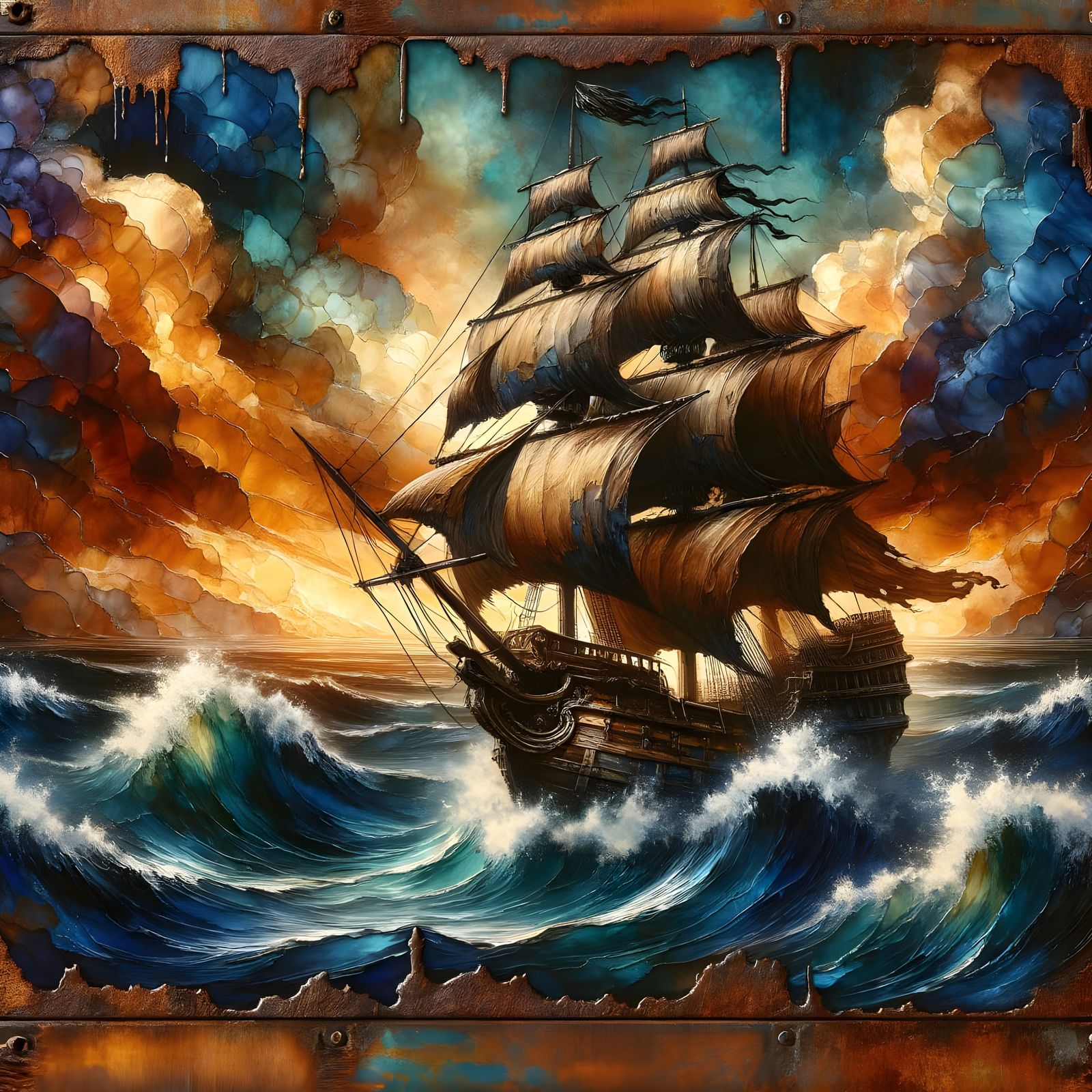 Pirate Ship Navigating Stormy Seas as Impasto Painting