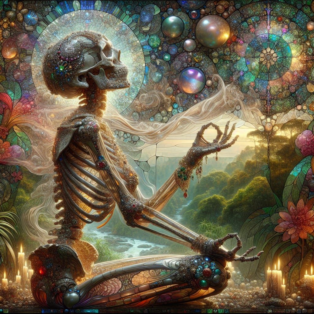 Bejeweled Skeleton in Jungle Yoga Pose