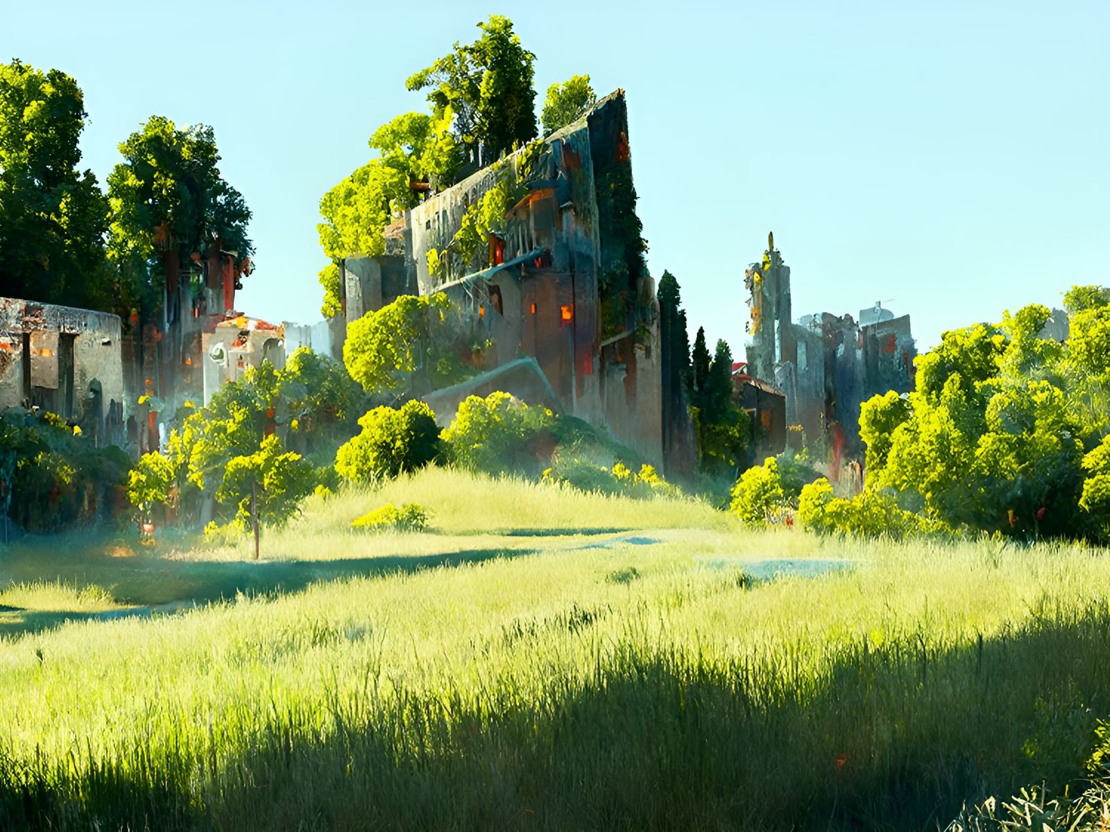 Detailed Castle Ruins in Sunlit Geometric Landscape