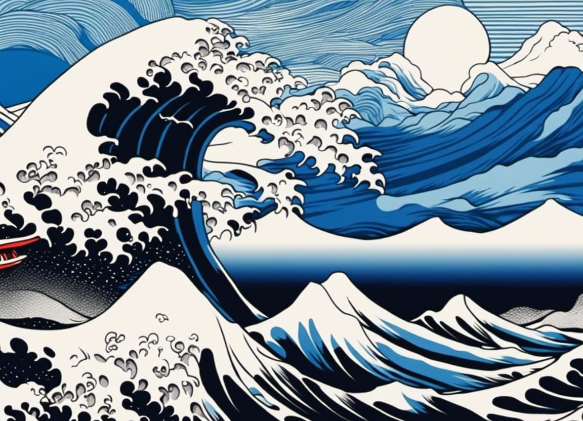 Monochrome Ukiyo-e Background with Blue Waves
