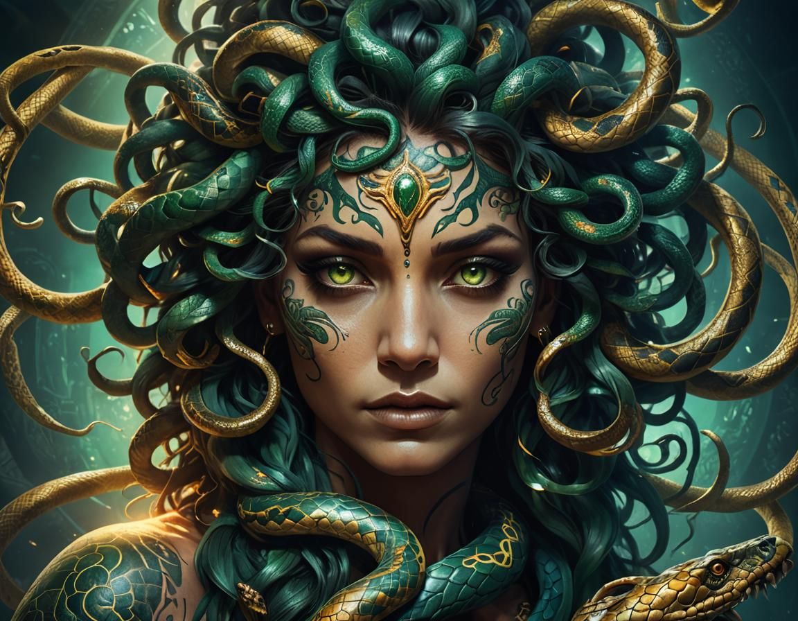 Tattooed Medusa Portrait in Emerald and Gold