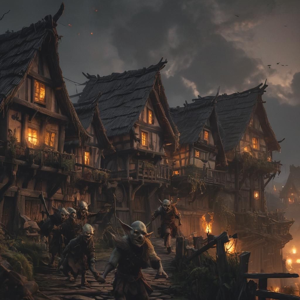 Goblins Attacking Village in Dark Fantasy Art