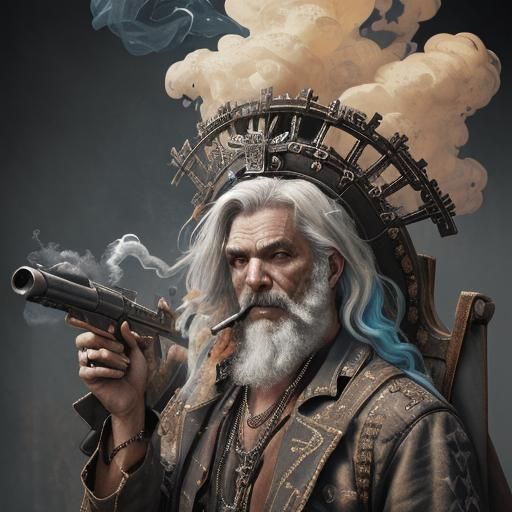 Ancient Man on God's Throne with Smoking Guns