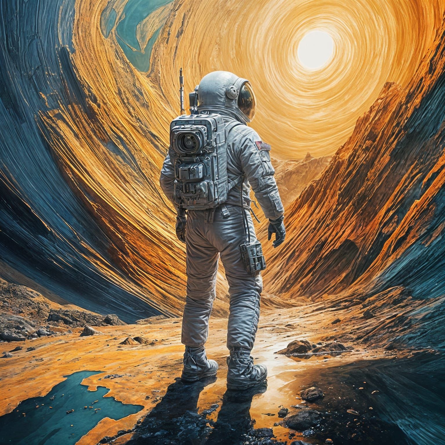 Astronaut in Double Exposure, Wearing Ukrainian Flag Patch i...