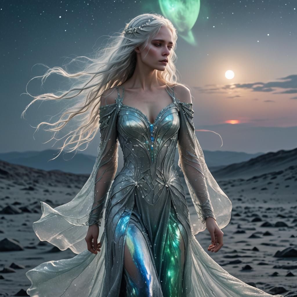 Lunar Goddess on Cratered Moonscape: Fantasy Concept Art