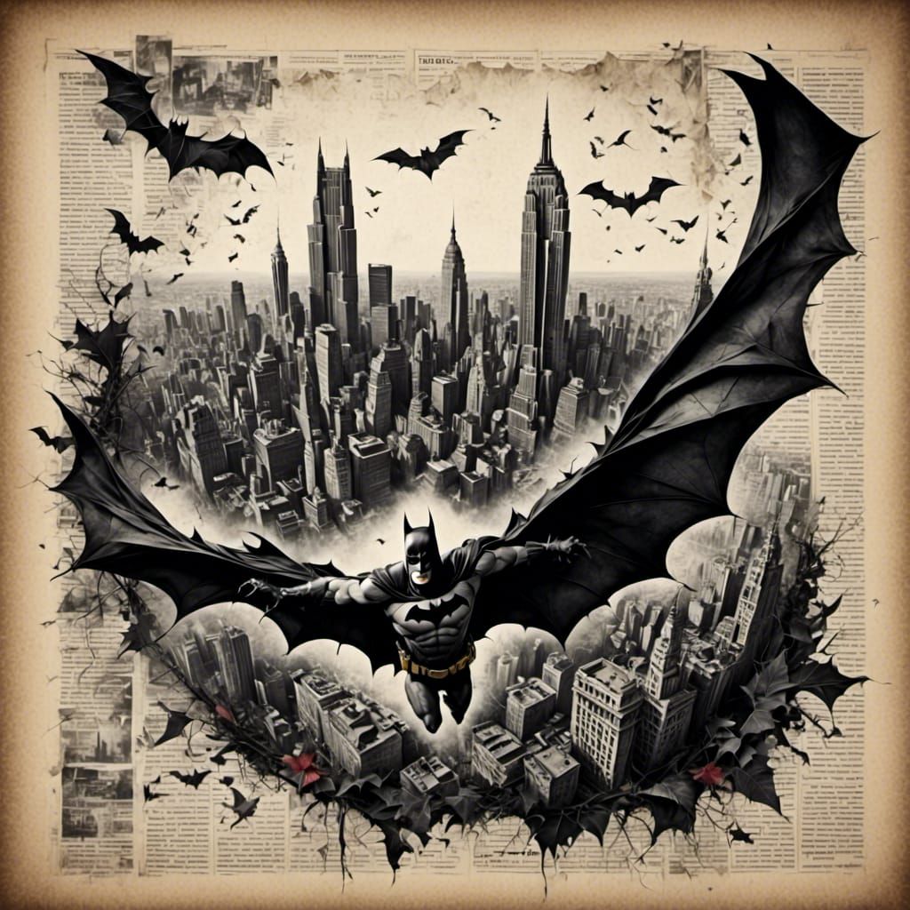 Batman Logo Shining Over Gotham in Charcoal Sketch