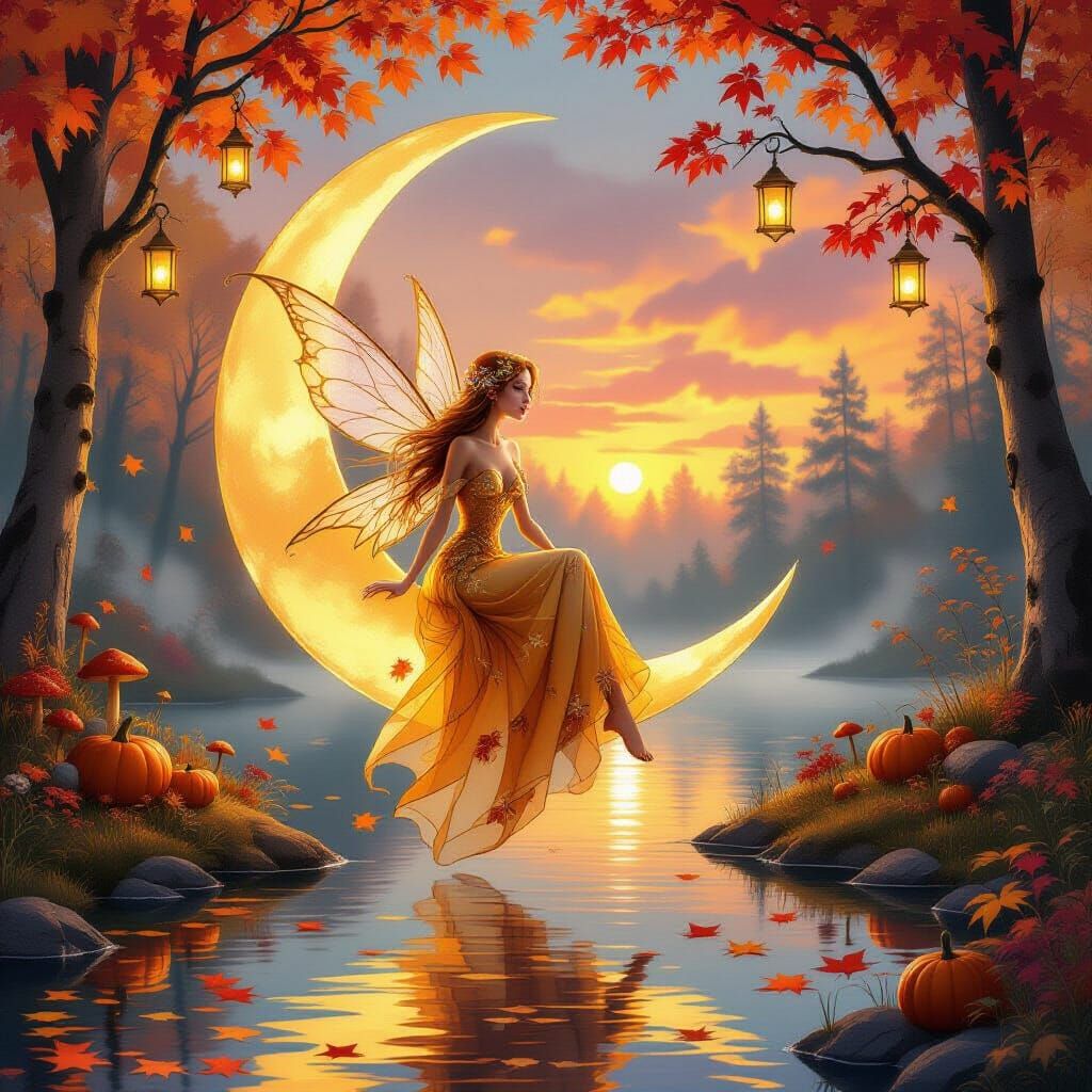 Fairy on Crescent Moon Above Autumn Lake