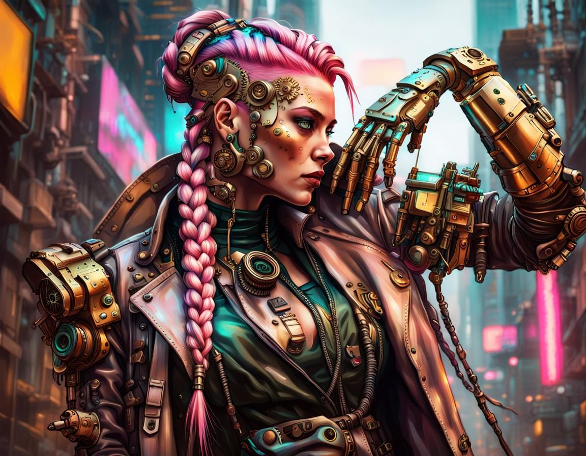Cyberpunk Steampunk Woman with Pink Braids