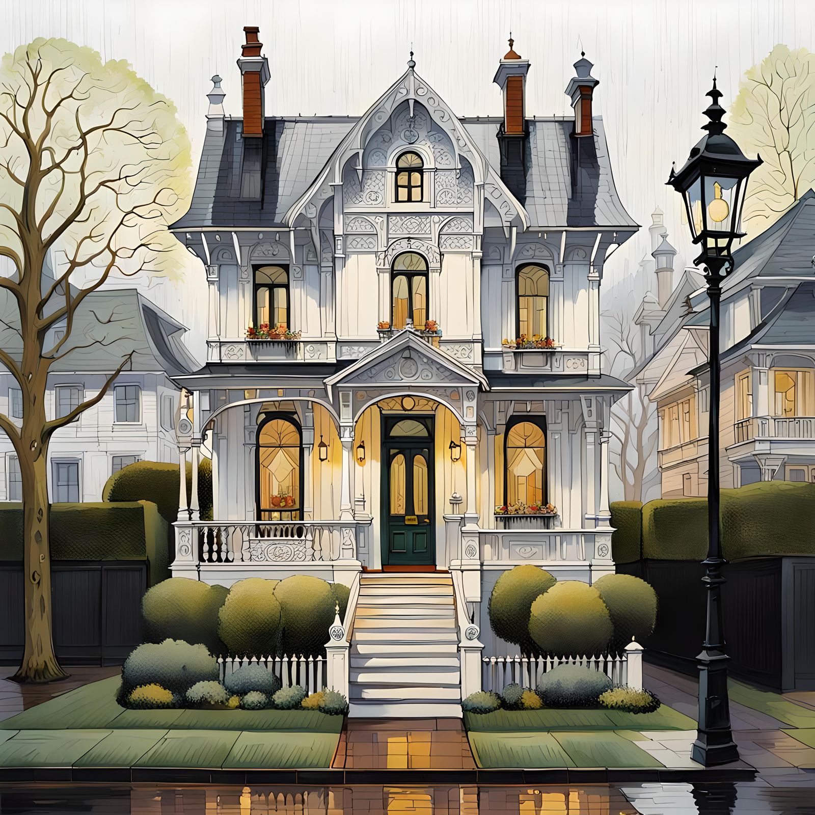 Gothic Edwardian House Facade in Gouache
