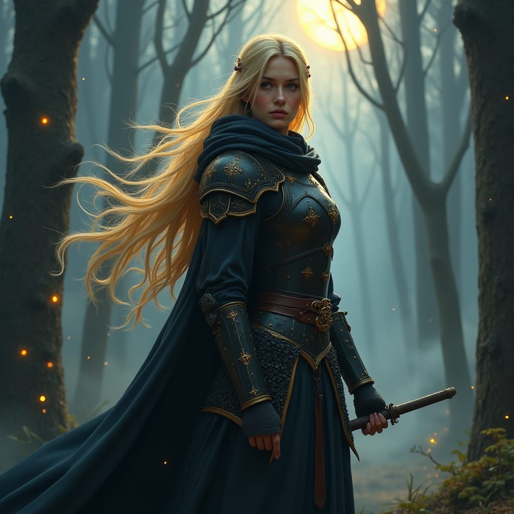 Medieval Warrior in Mystical Forest, Digital Matte Painting
