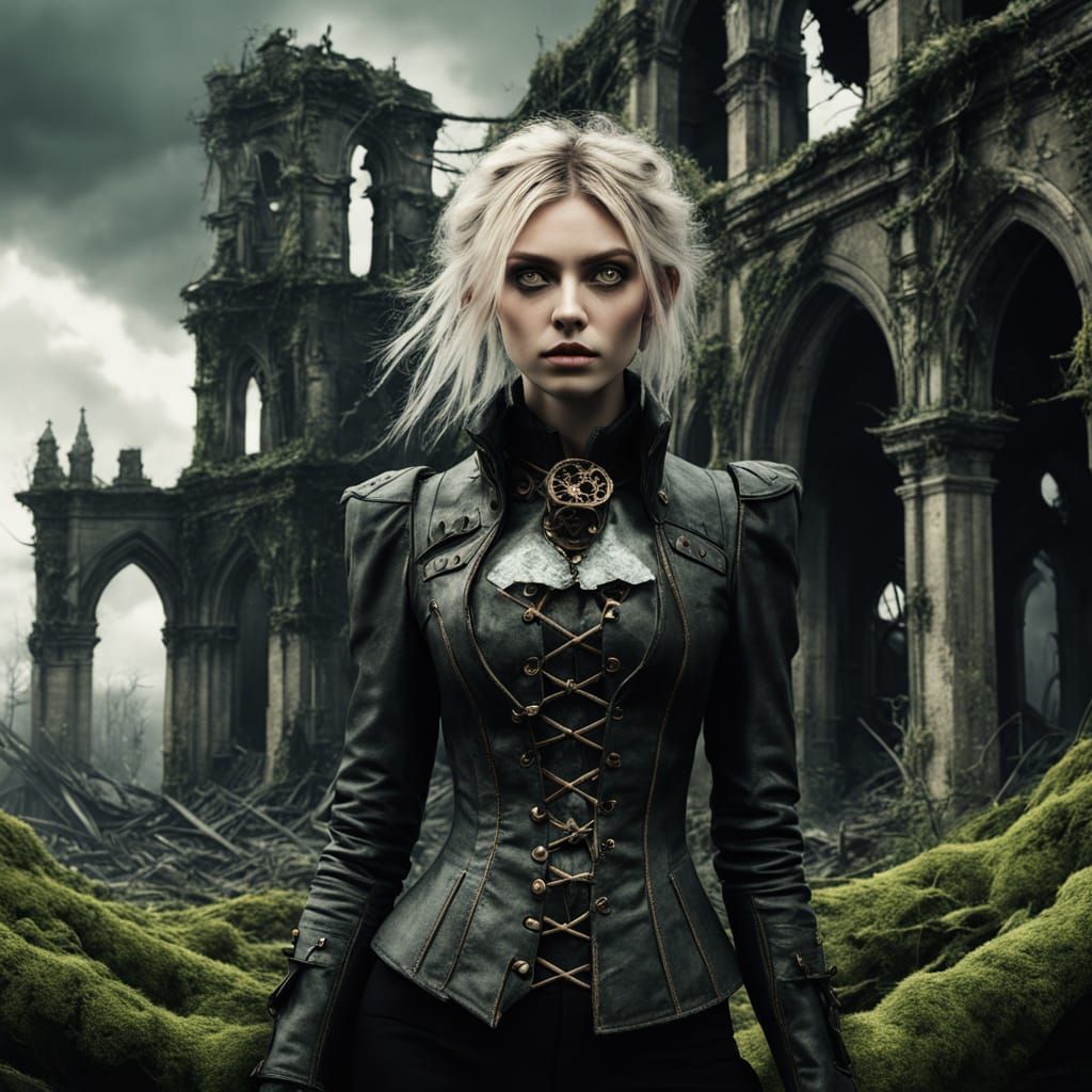 Gothic Steampunk Goddess Amidst Ruins