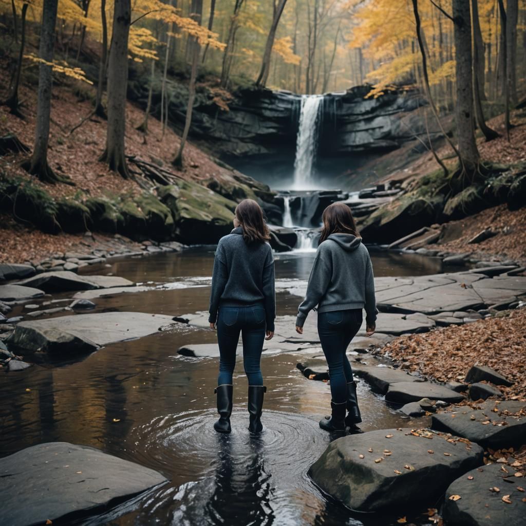 Brunette Woman Wading in Waterfall on Fall Day