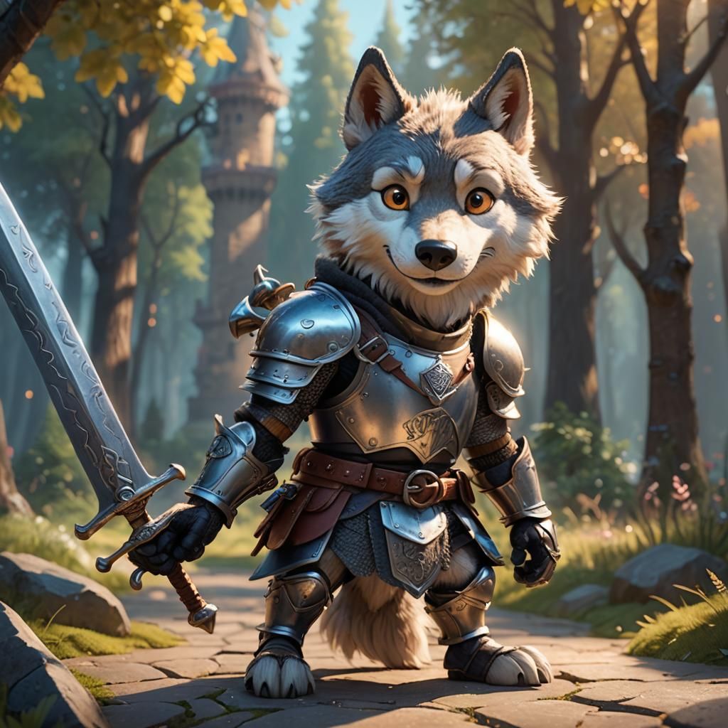Cute Armored Wolf Knight in Pixar Style