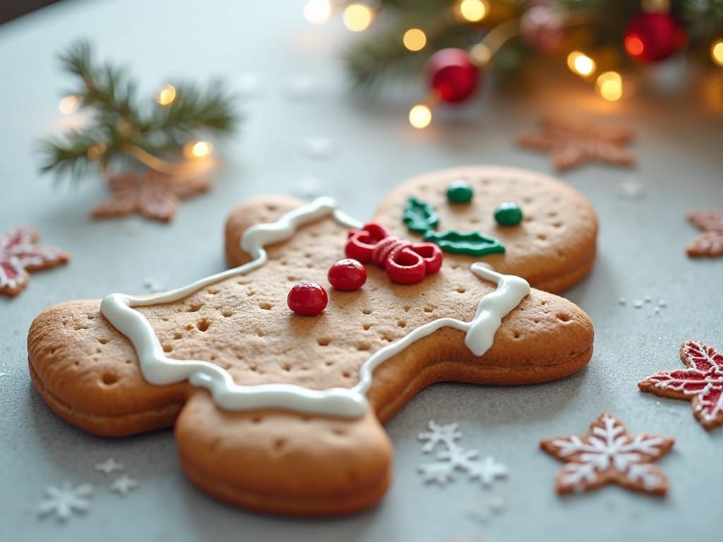 Colorful Gingerbread Man in Winter Wonderland Scene