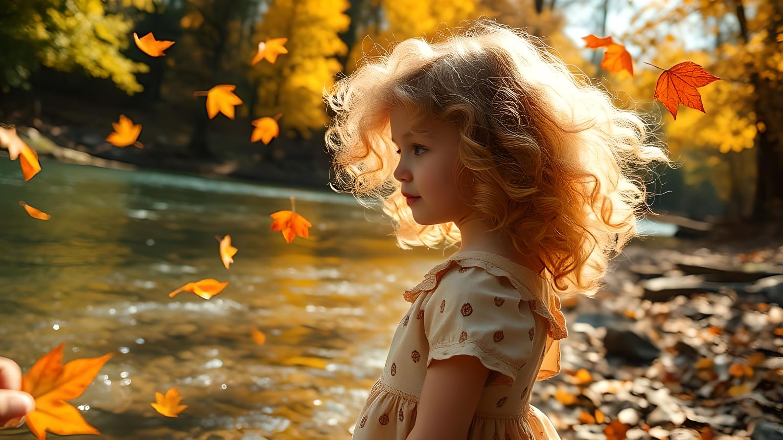 Girl in Autumn Yard by River