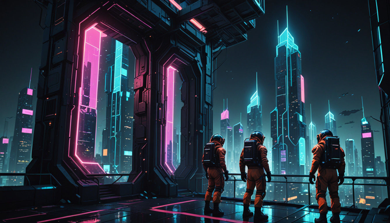 Three Space Explorers Stand on Highwalk Above Dark Futuristi...