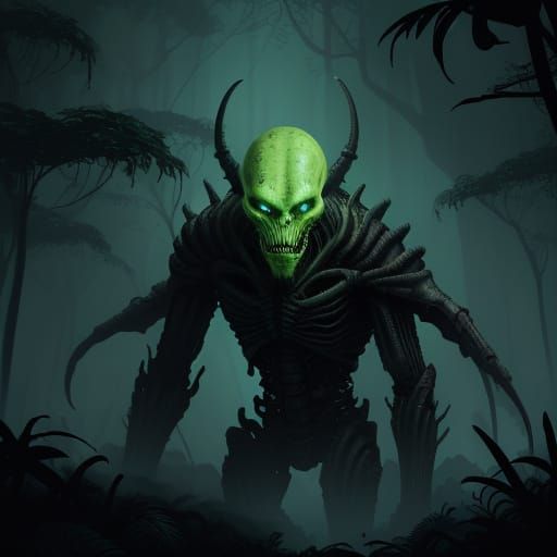 Fearful Alien Monster in Dark Jungle