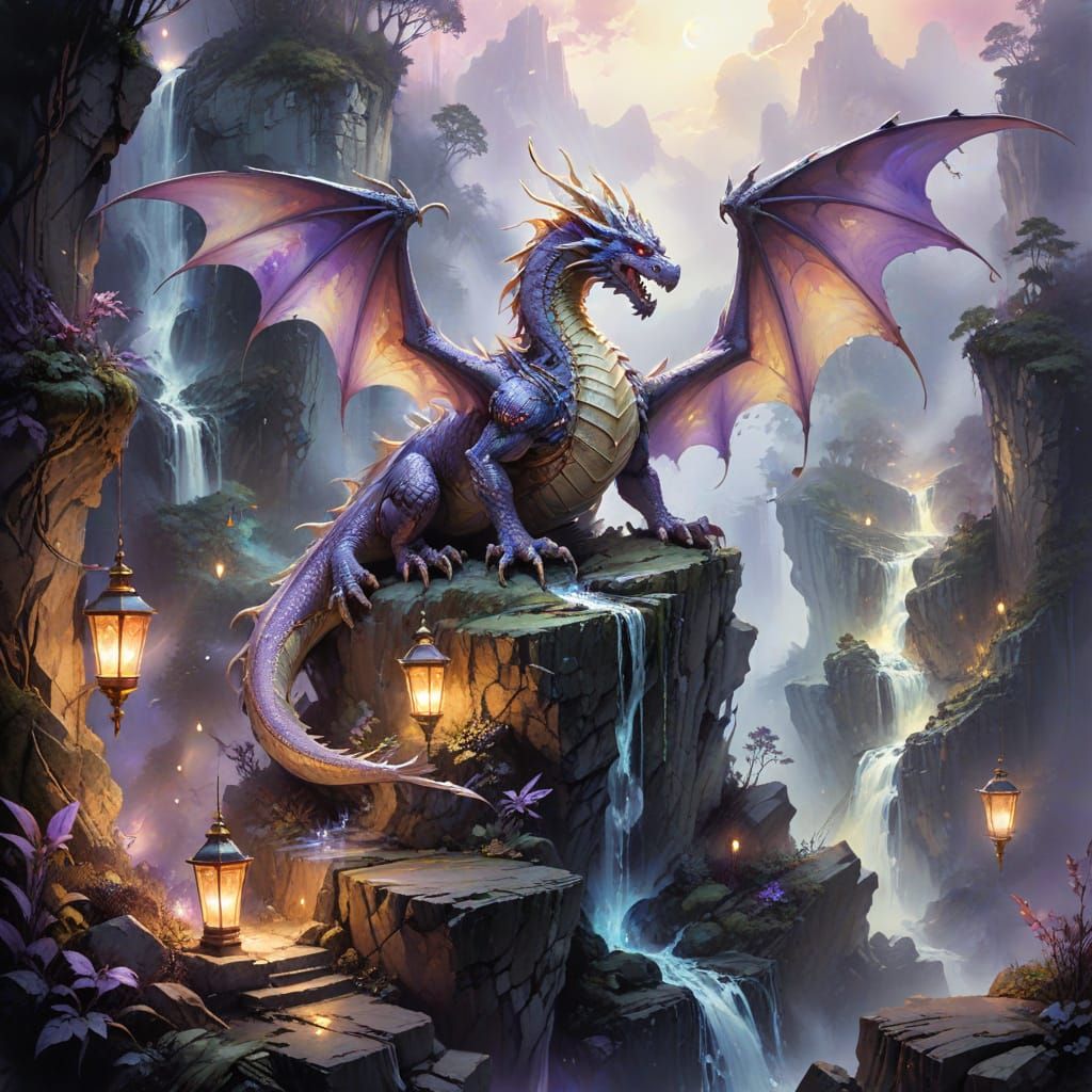 Dragon on Spire in Surreal Watercolor Style