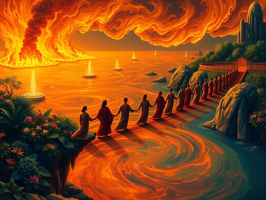 Vibrant Bridge of Unity Spans Lake of Flames